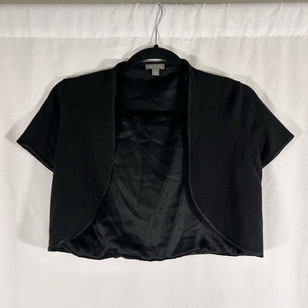 Ann Taylor Silk Blend Jacket Women's Black XS Cropped Short Sleeve Open Front
